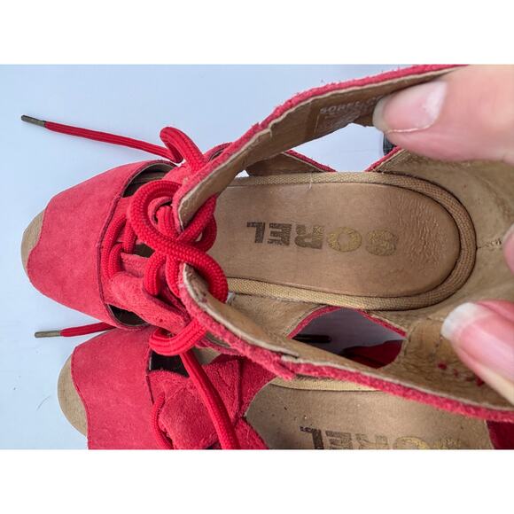 Sorel Joanie red suede wedge lace up sandals size 7 - Picture 6 of 8